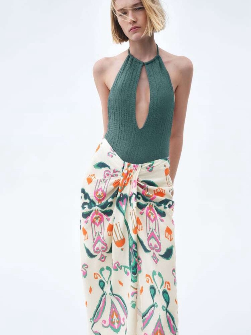 Zara linen printed front knot skirt